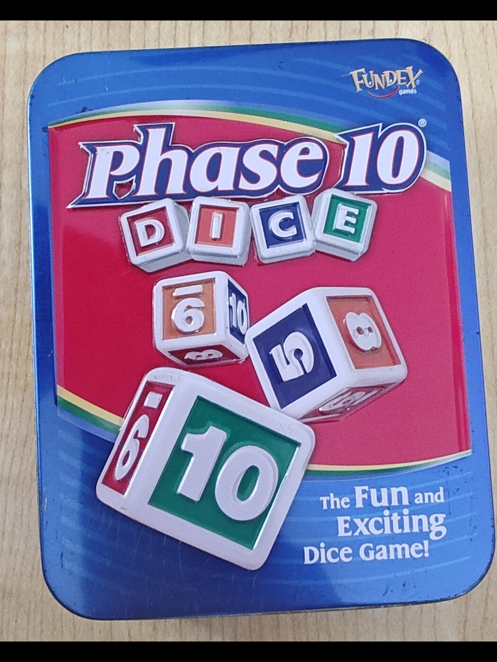 Phase 10 Dice Game Tin by Fundex - Blue and Red with Green Accents